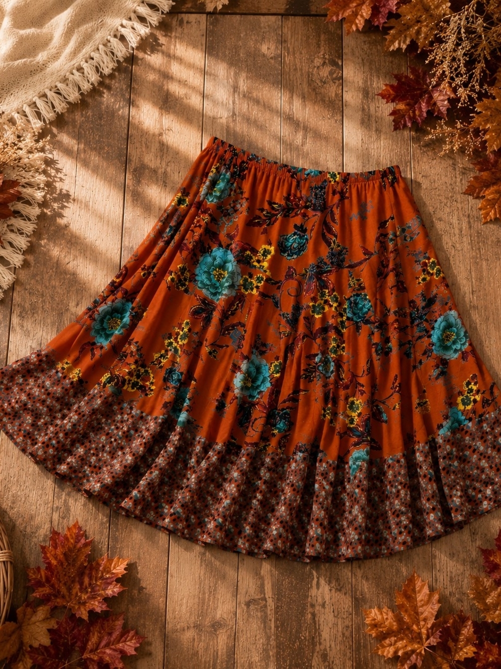 Lola P Rust Orange Floral Boho Flowy Rayon Skirt 1X